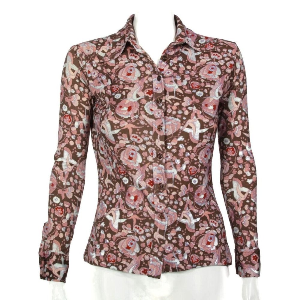 STOP Shirt Vintage Floral Bird Brown Pink Button Up Nylon Shirt Top sz Small
